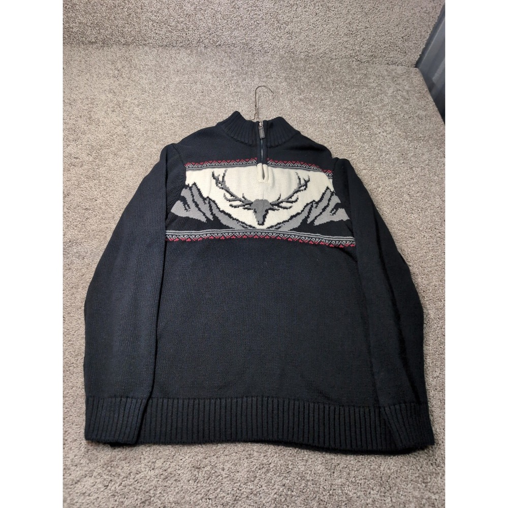 Chaps Mens Navy Blue Deer Antler Mountain Quarter Zip Cotton Sweater Large L/G